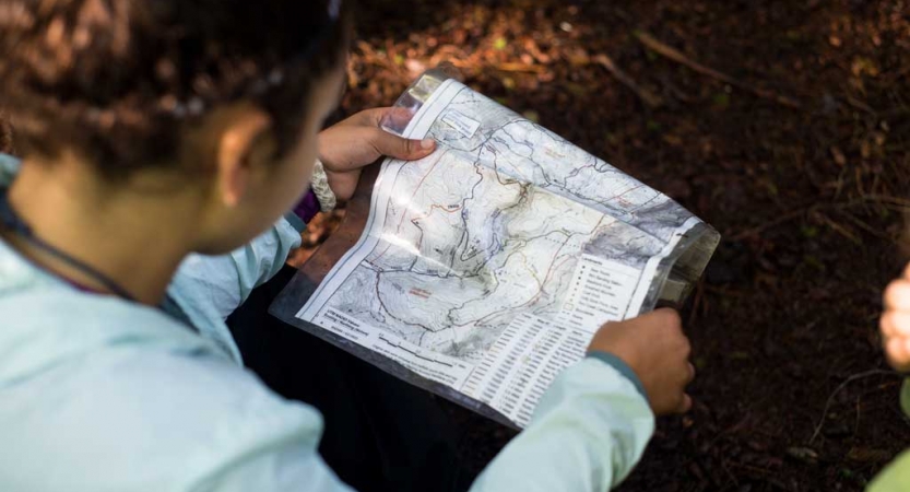 A person examines a map outside